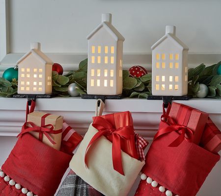As Is Set of 3 Lit Porcelain House Stocking Holders