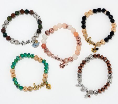 As Is Set of 5 Lava Bracelets w/ Gemstones & Charm
