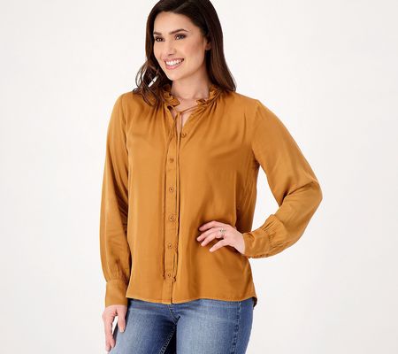 As Is Side Stitch Button Down Top with Ruffle Neck