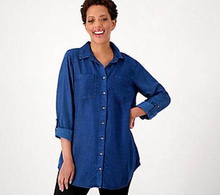 As Is Side Stitch Button Front Denim Tunic w/ Roll Tab Sleeve