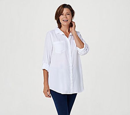 As Is Side Stitch Button Front Tunic with RollTabSleeve