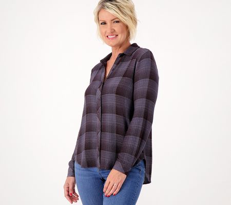 As Is Side Stitch Long Sleeve Plaid Button Down Top