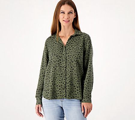 As Is Side Stitch Printed Button Down Top w/ Rounded Hem