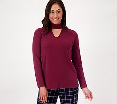 As Is Susan Graver Liquid Knit Keyhole Mock Neck LgSlv Top