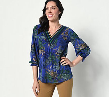 As Is Susan Graver Printed Liquid Knit Top w/ Neck Embell.