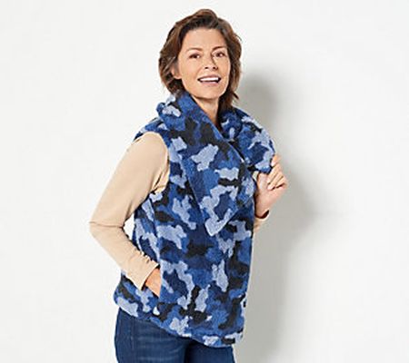 As Is Susan Graver Printed Sherpa Asymm. Snap Front Vest