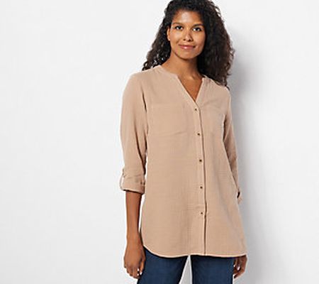 As Is Susan Graver Regular Crinkle Gauze Button Shirt