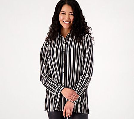 As Is Susan Graver Stretch Woven Button Front Shirt w/Pockets