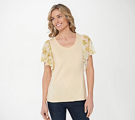 As Is The Muses Closet Solid Knit Top with Printed Sleeves