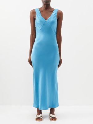 Asceno - Bordeaux V-neck Silk-crepe De Chine Slip Dress - Womens - Light Blue