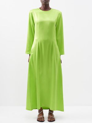 Asceno - Jodie Long-sleeved Silk Maxi Dress - Womens - Lime Green