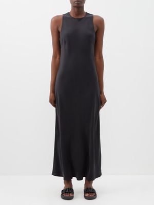 Asceno - Valencia High-neck Silk-satin Maxi Dress - Womens - Black