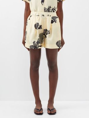 Asceno - Zurich Coral-print Silk Shorts - Womens - Cream Black