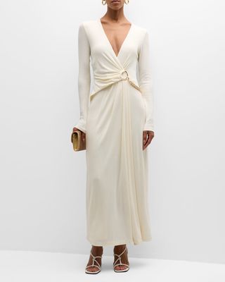Ascot Long-Sleeve Gold Chain Wrap Gown