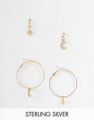 Ashiana 2-pack earrings with moon and star details in gold