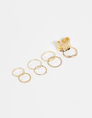Ashiana 7 pack rings in gold with ridged details