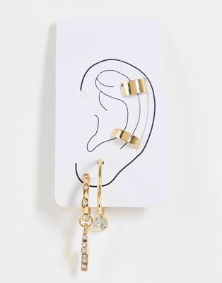Ashiana pack of huggie and cuff earrings with crystal details in gold