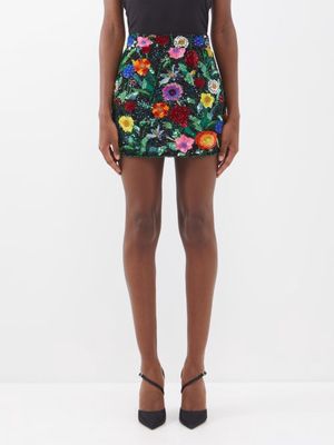 Ashish - Floral-sequinned Georgette Mini Skirt - Womens - Black Multi