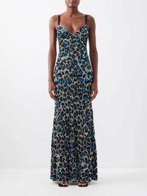 Ashish - Leopard-print Sequinned Georgette Gown - Womens - Blue Multi