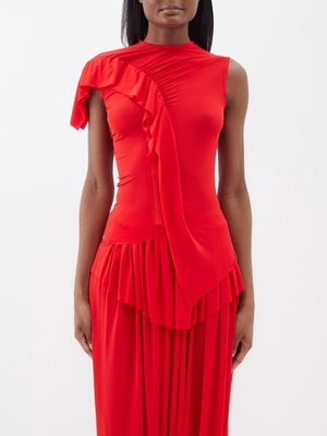 Ashlyn - Shikaku Asymmetric Ruffled Jersey Blouse - Womens - Red