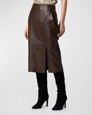 Ashlyn Straight Side-Slit Leather Midi Skirt