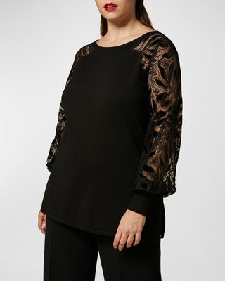 Asia Lace-Sleeve Scoop-Neck Pullover