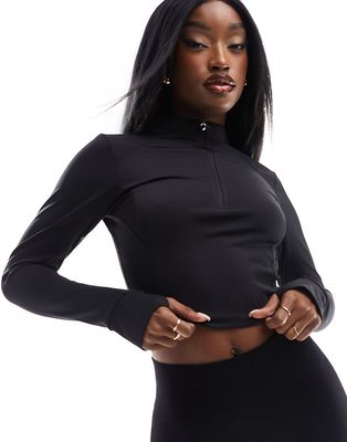 ASOS 4505 cropped quarter zip long sleeve top with mesh panels in black