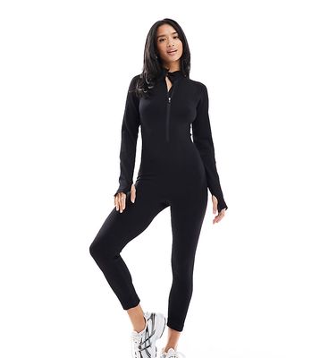 ASOS 4505 Petite seamless rib long sleeve all in one with zip front in black