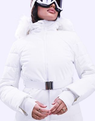 ASOS 4505 ski belted jacket with faux fur hood-White