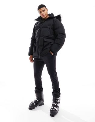 ASOS 4505 Ski insulated water repellent puffer jacket with removable faux fur hood in black