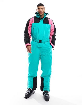 ASOS 4505 Ski water repellent color block ski suit in pink and teal-Multi