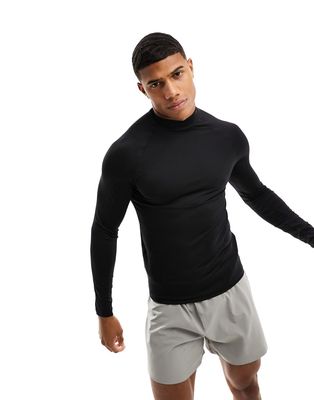 ASOS 4505 training long sleeve muscle fit base layer with mock neck with thermal performance fabric in black