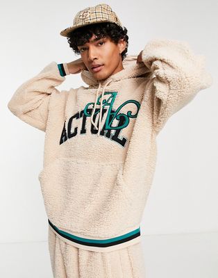 ASOS Actual oversized hoodie in teddy borg with applique logo and tipping in neutral - part of a set
