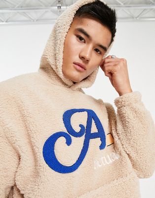 ASOS Actual oversized hoodie in teddy borg with boucle logo in cream - part of a set-Neutral