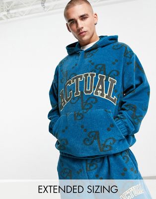 ASOS Actual oversized polar fleece hoodie with all over print and applique logo in blue - part of a set