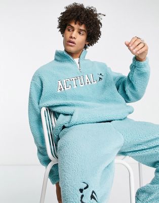 ASOS Actual oversized quarter zip sweatshirt in borg with logo embroidery in light blue - part of a set