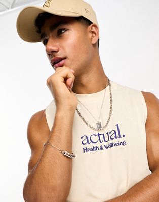 ASOS Actual relaxed tank top with logo in ecru - part of a set-Neutral