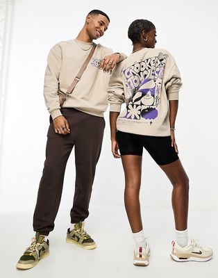 ASOS CROOKED TONGUES unisex oversized sweatshirt in beige with back print-Gray