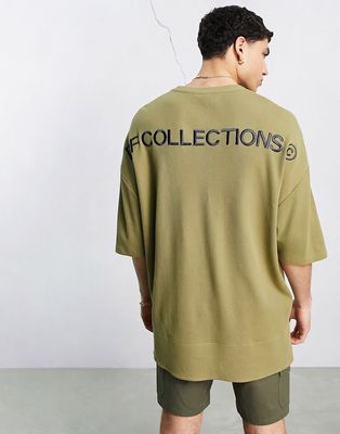 ASOS Dark Future extreme oversized t-shirt in waffle fabric with logo prints in khaki-Green