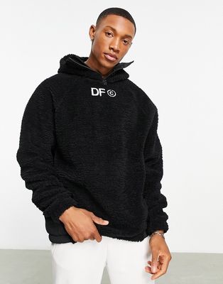 ASOS Dark Future oversized hoodie in teddy borg with balaclava and logo embroidery in black