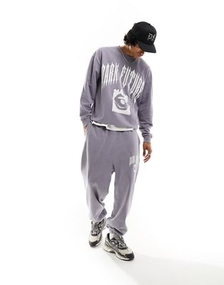 ASOS Dark Future oversized sweatpants in gray acid wash with lip print - part of a set