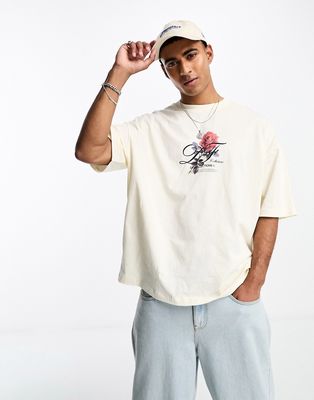 ASOS Dark Future oversized t-shirt in off white with rose front print