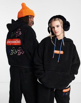 ASOS Daysocial unisex oversized hoodie in teddy borg with back embroidery in black - part of a set