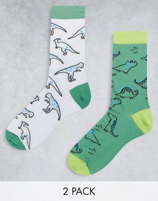 ASOS DESIGN 2 pack ankle sock in green with dinosaur prints