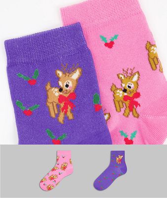 ASOS DESIGN 2 pack Christmas ankle socks in deer print in multi