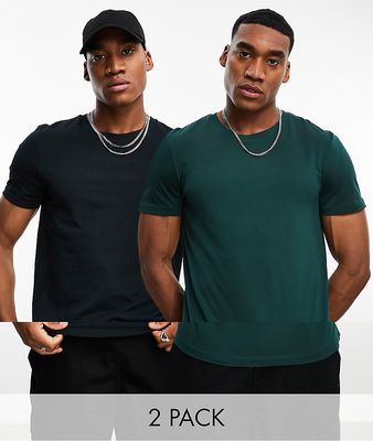 ASOS DESIGN 2 pack crew neck T-shirts in green and black-Multi