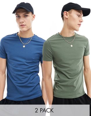 ASOS DESIGN 2 pack muscle fit t-shirt in dark green and blue-Multi