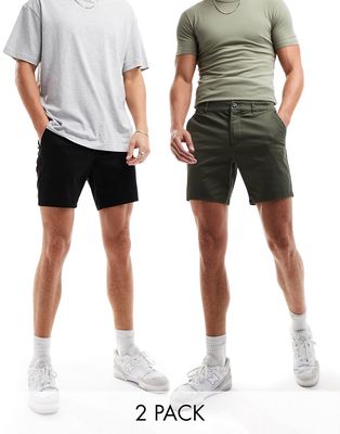 ASOS DESIGN 2 pack slim chino shorts in mid length in dark khaki and black-Multi