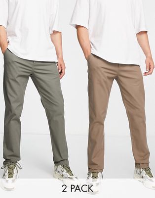 ASOS DESIGN 2 pack slim chinos in khaki and brown save-Multi