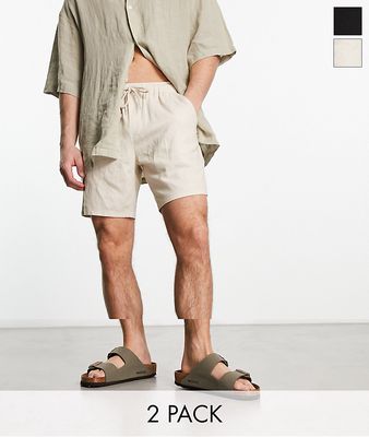ASOS DESIGN 2 pack slim linen mix shorts in beige and black save-Multi